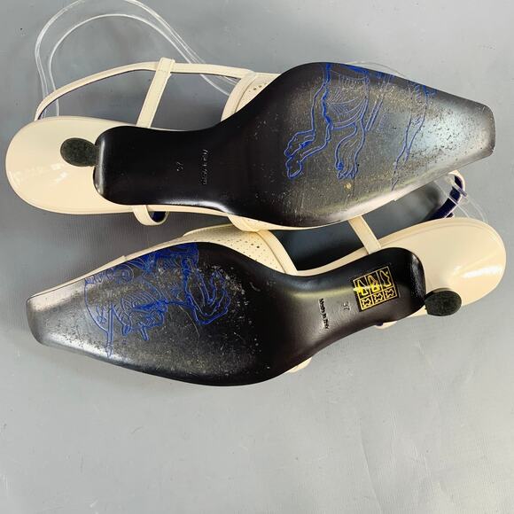 BURBERRY Size 7 Cream Patent Leather Perforated Kitten Heel Slingback Sandals - Picture 6 of 8